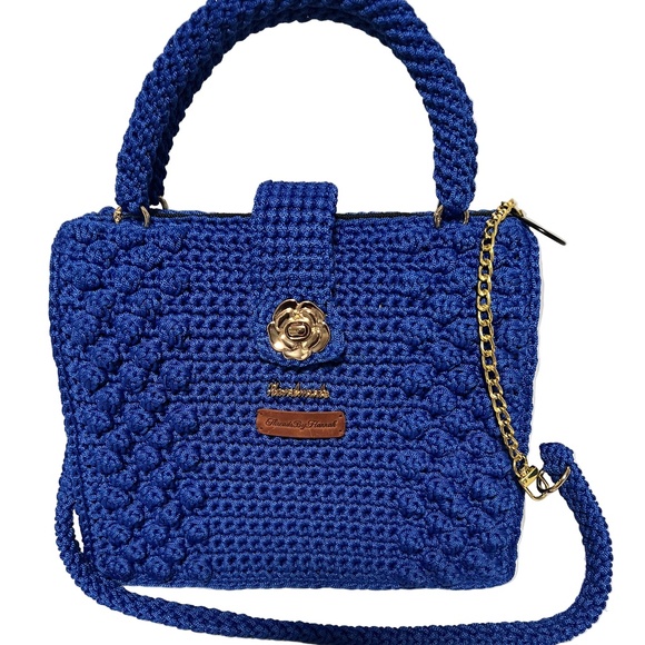 Handmade Blue Crochet Trapezoid Shoulder Handbag - Picture 1 of 5